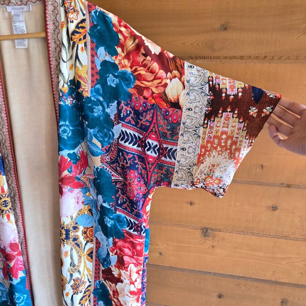 Chico's Kimono Tapestry Floral Mid Tunic Top Floral S/M Boho Flowy Cardigan S/M - Picture 4 of 7